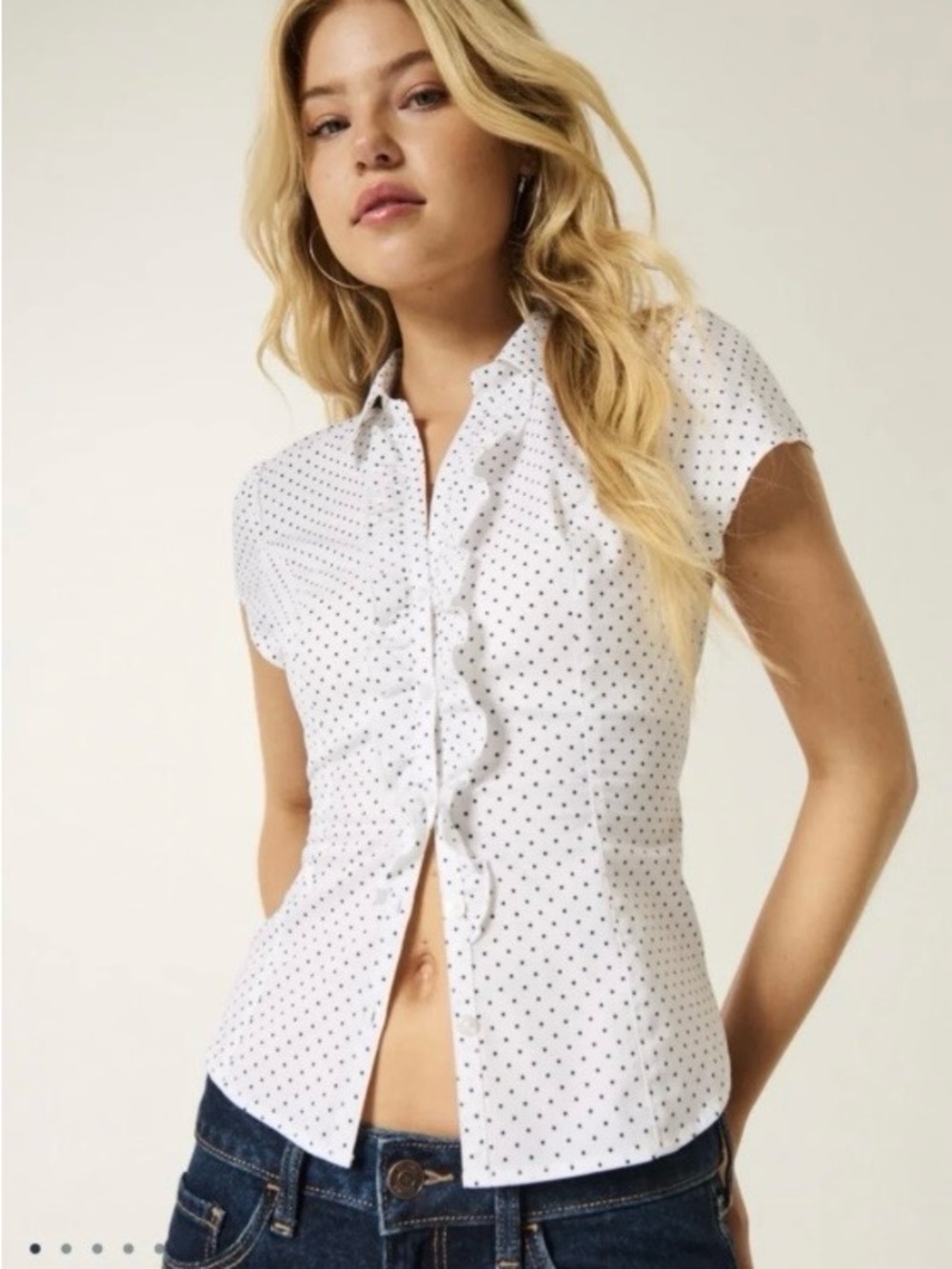 Hollister White Polka Dot Cap Sleeve Button-Up Top
